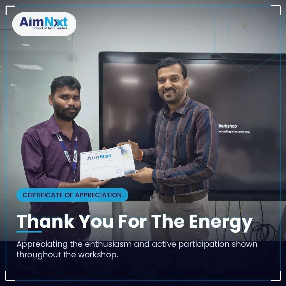 Certificate of appreciation for active participation in the Network TalentX workshop at AimNxt