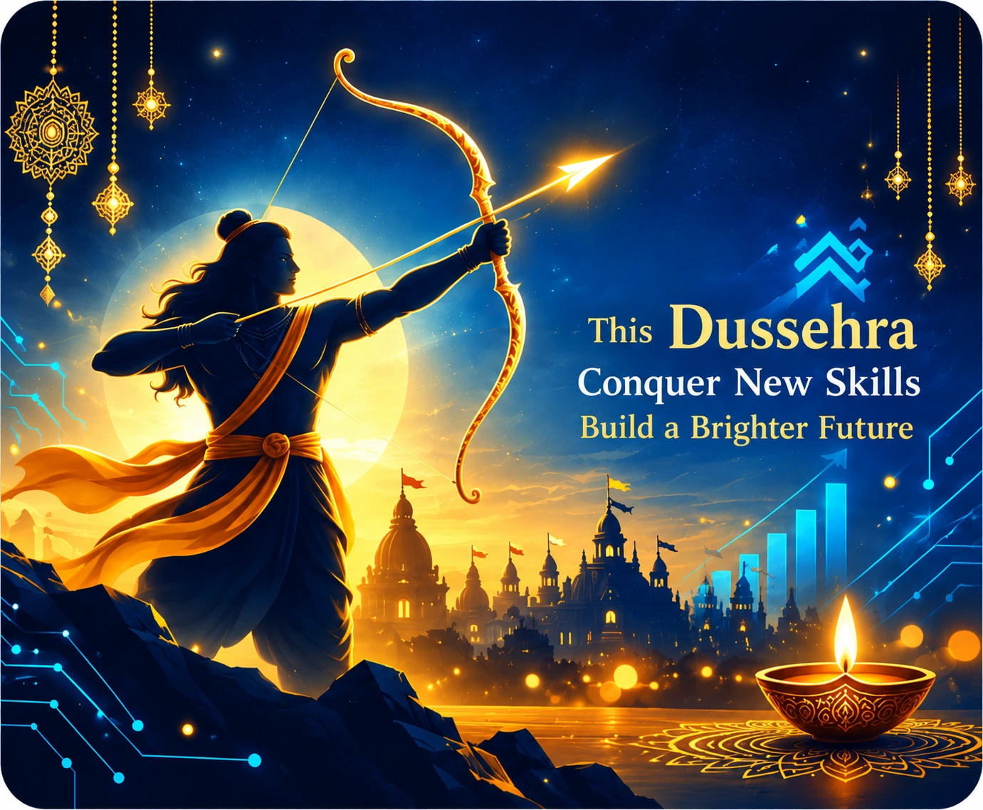 Dussehra celebration banner featuring Lord Rama with a golden bow, festive diya, and the message 