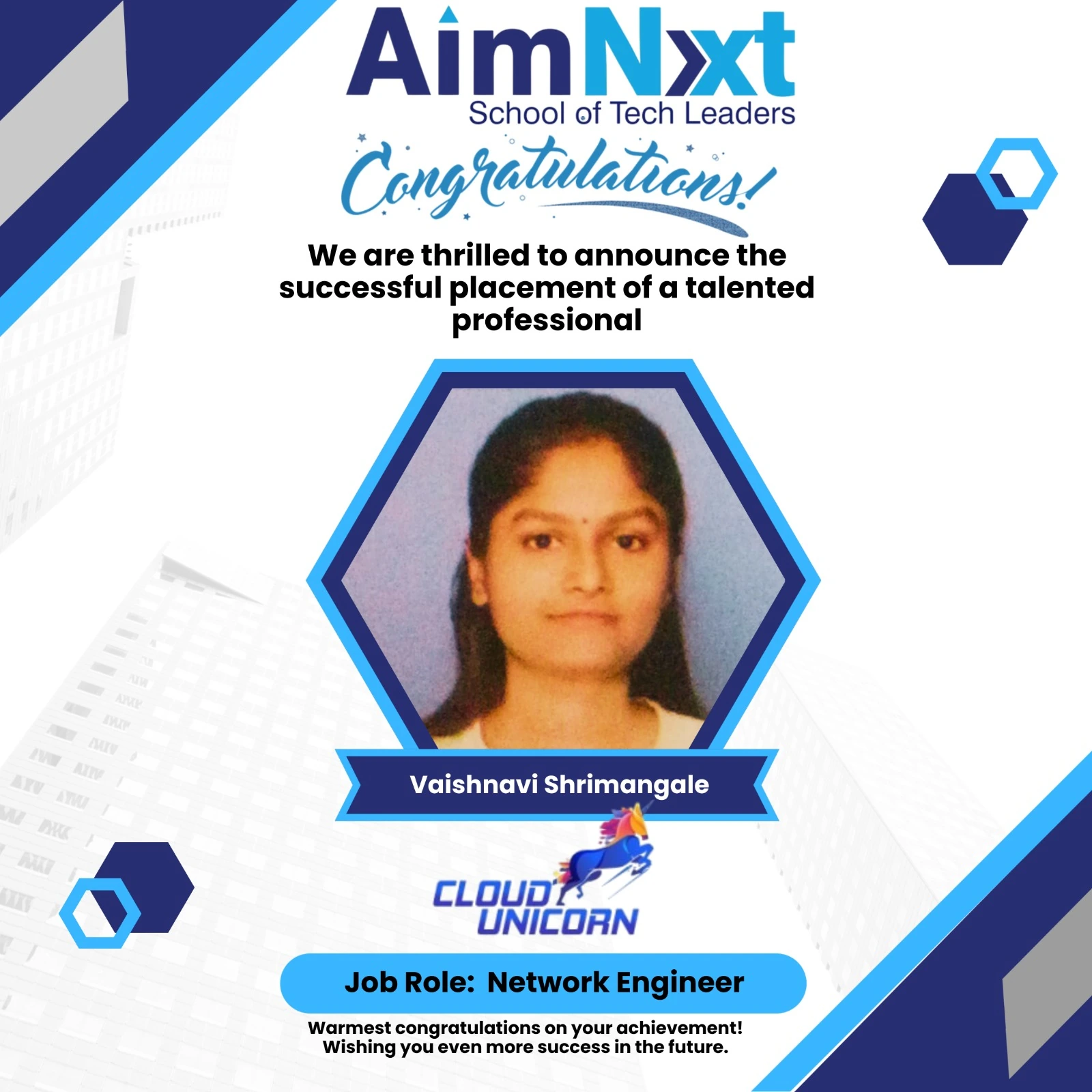 AimNxt student Vaishnavi Shrimangale placed as Network Engineer at Cloud Unicorn