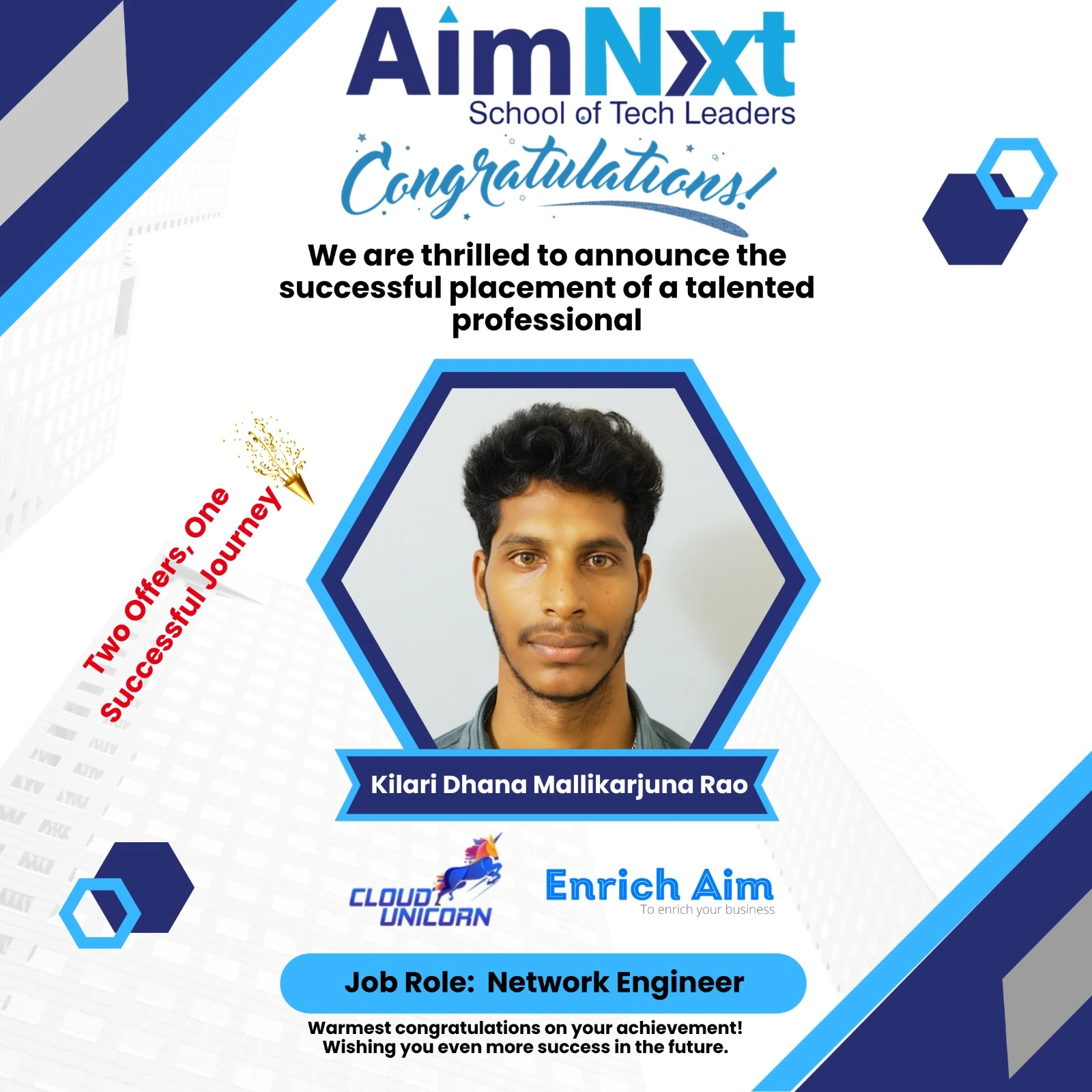 AimNxt student Kilari Dhana Mallikarjuna Rao celebrating two job offers from Cloud Unicorn and Enrich Aim as a Network Engineer