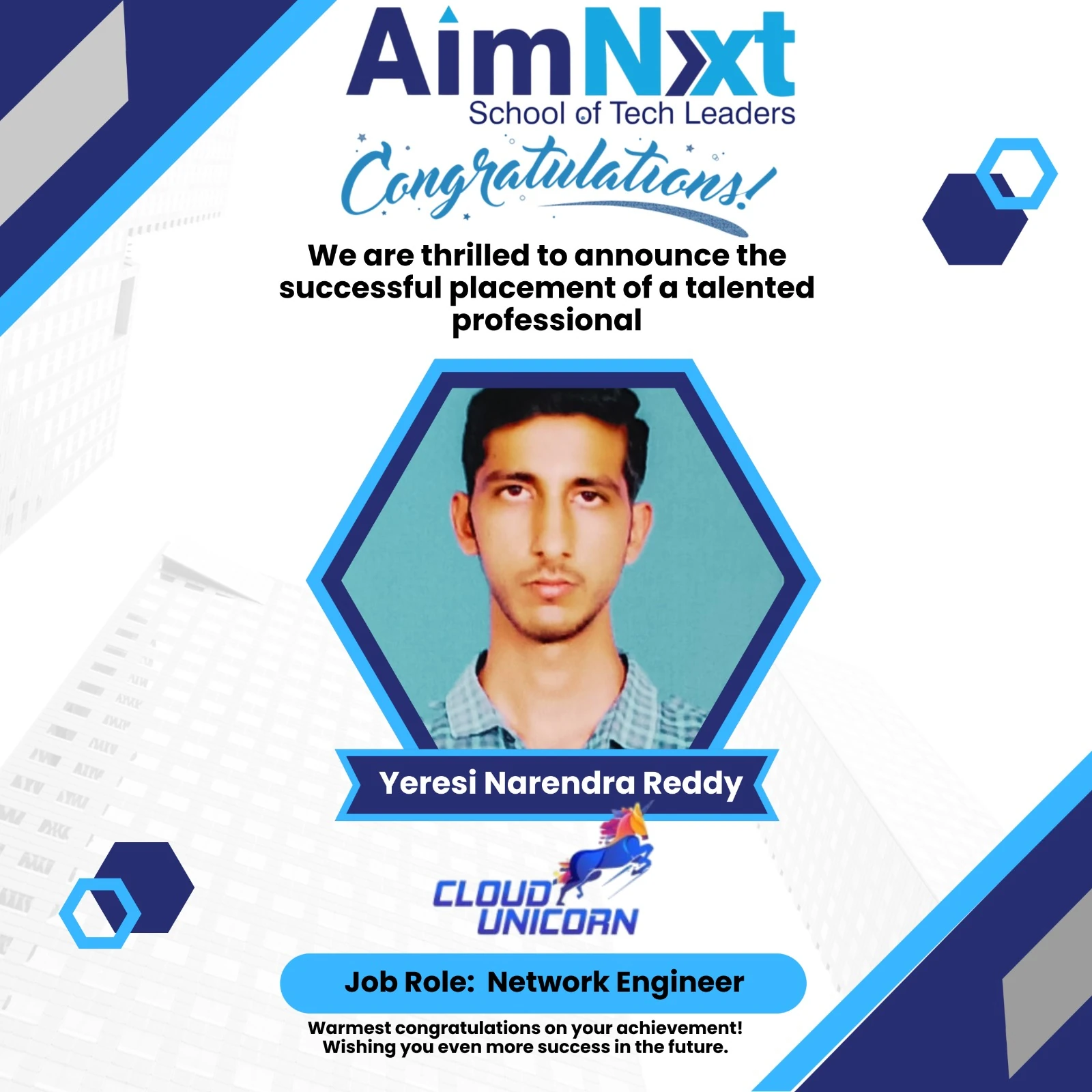 Yeresi Narendra Reddy placed as Network Engineer at Cloud Unicorn through AimNxt